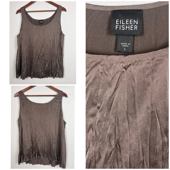 Eileen Fisher Womens Taupe Crinkled Silk Tank Top L Sleeveless Blouse Scoop Neck - Picture 9 of 9